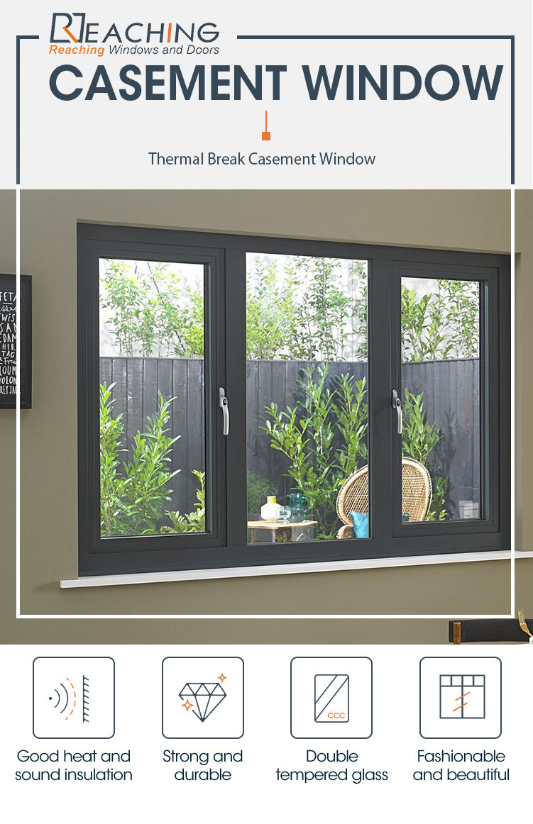 NFRC Thermal Break Energy Saving Double Tempered Clear Glass Filled with Argon Gas Aluminum Casement Window for House