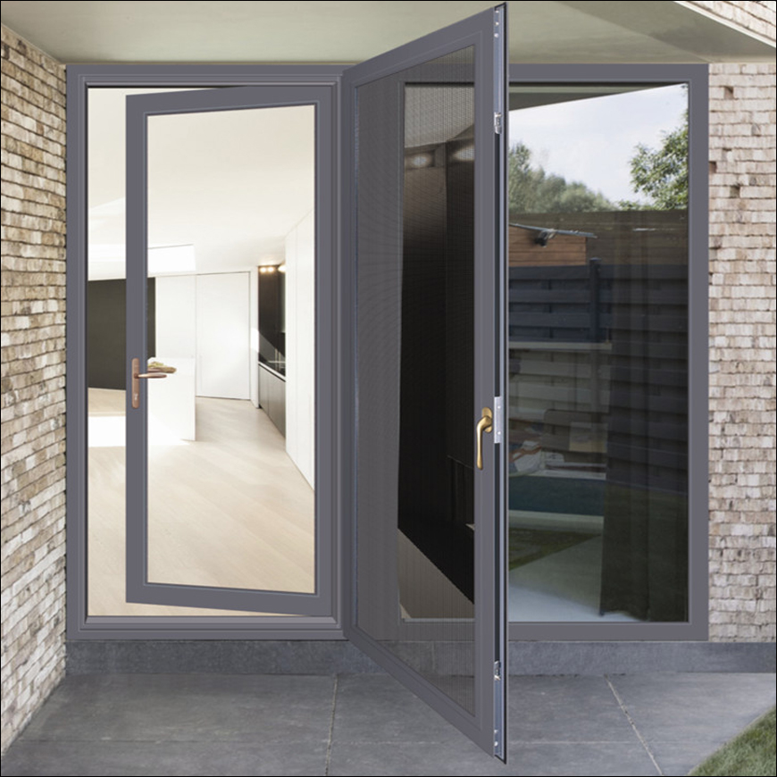 High Level Thermal Break Energy Saving Double Tempered Glass Powder Coating Matt Black Aluminum Casement Door