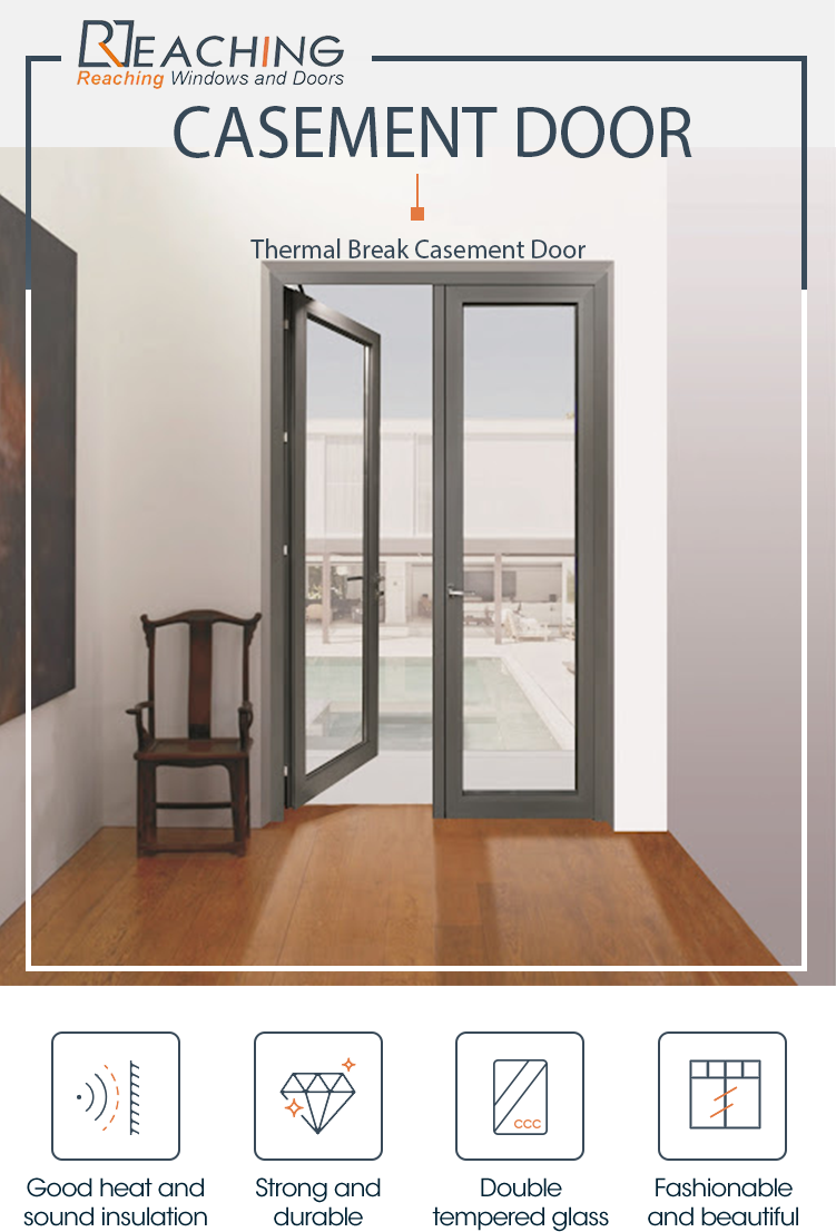 High Level Thermal Break Energy Saving Double Tempered Glass Powder Coating Matt Black Aluminum Casement Door